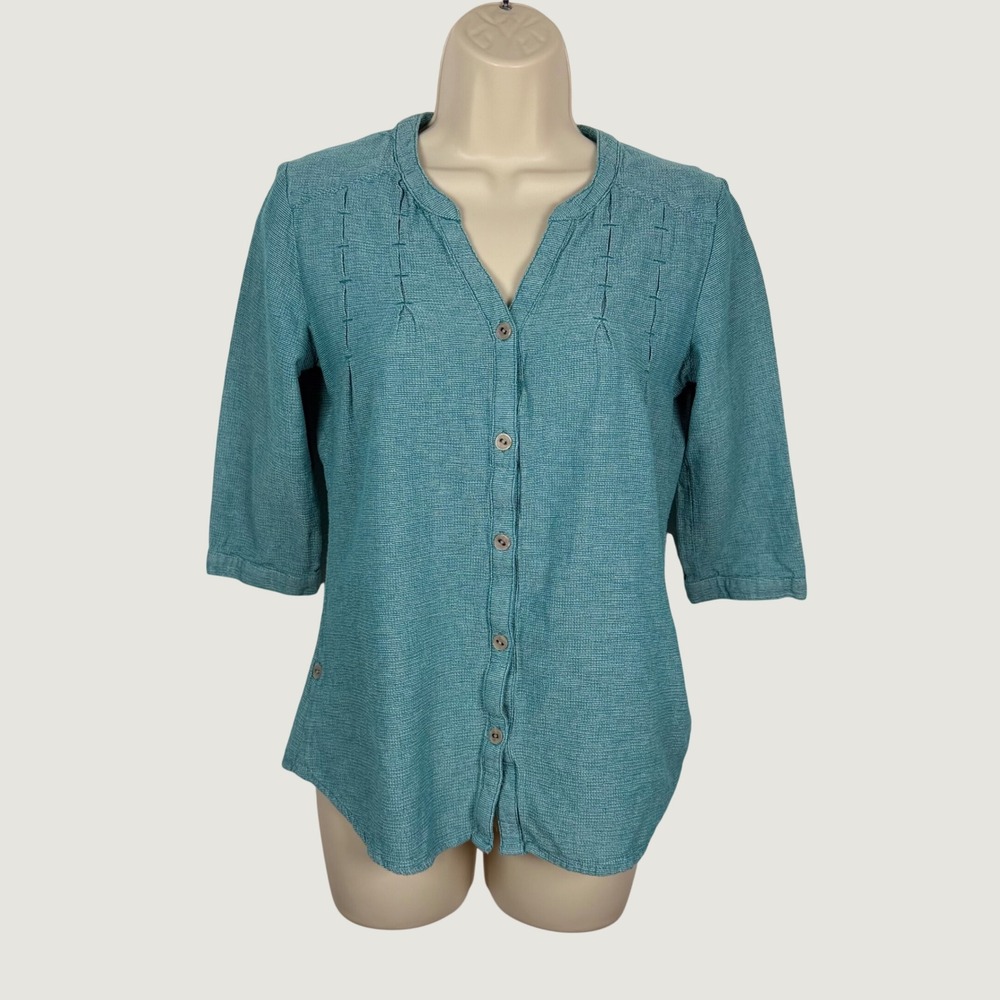 Royal Robbins Womens XS Teal Blue Cotton Button Up 3/4 Sleeve Shirt 62165 Hiking
